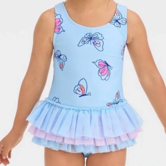 Cat & Jack Toddler Girls' Butterfly Tutu One Piece Swimsuit Light Blue 4T - Picture 1 of 2